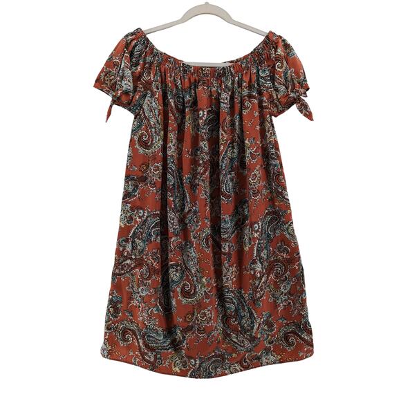 Soprano Off Shoulder Tunic Dress Small Rust Paisley Bohemian Mini Tie Sleeve Fun - Picture 1 of 10